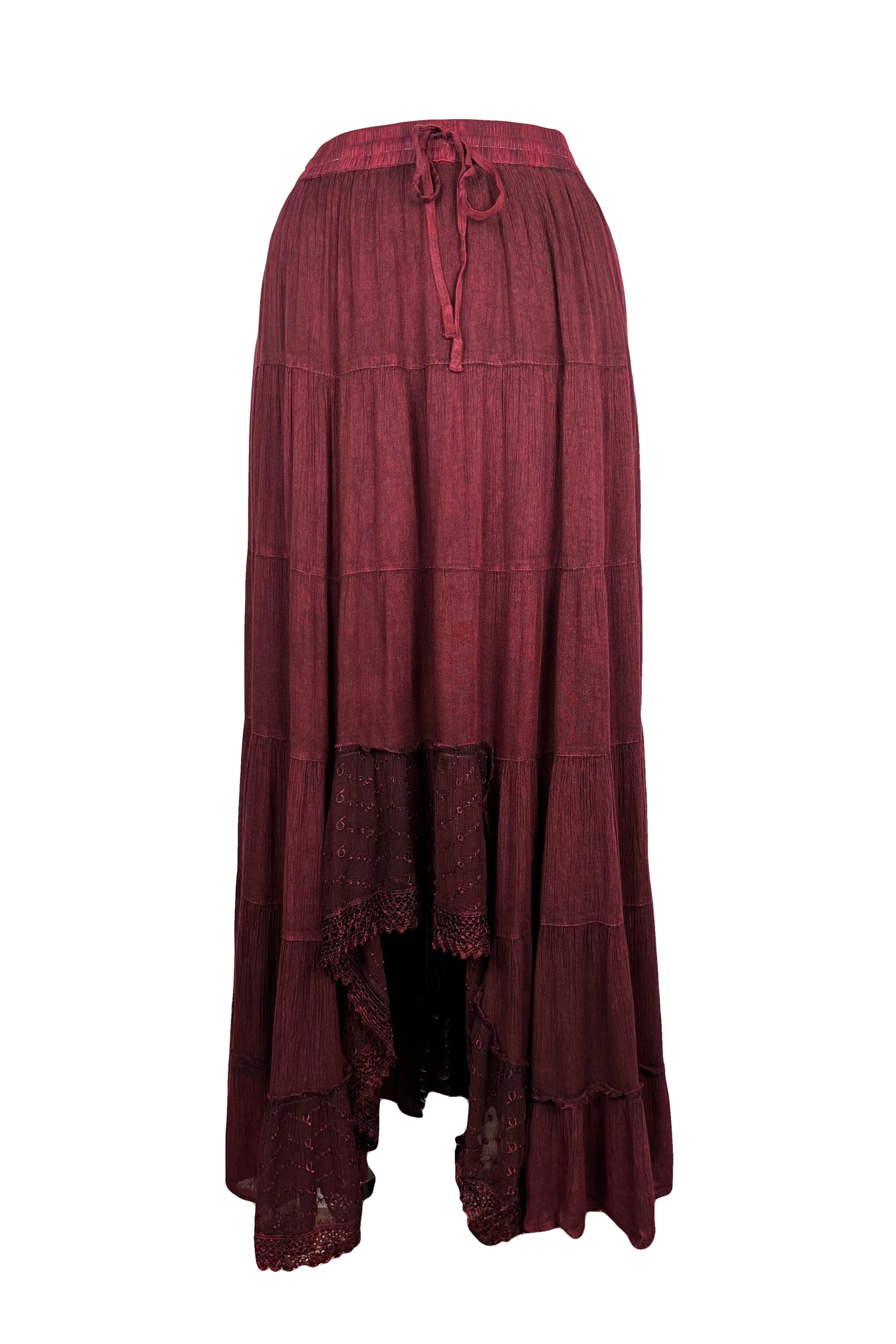 18 6028 SKT Boho Medieval Crepe Tier Elastic Waistband Front Open Long Skirt Maxi