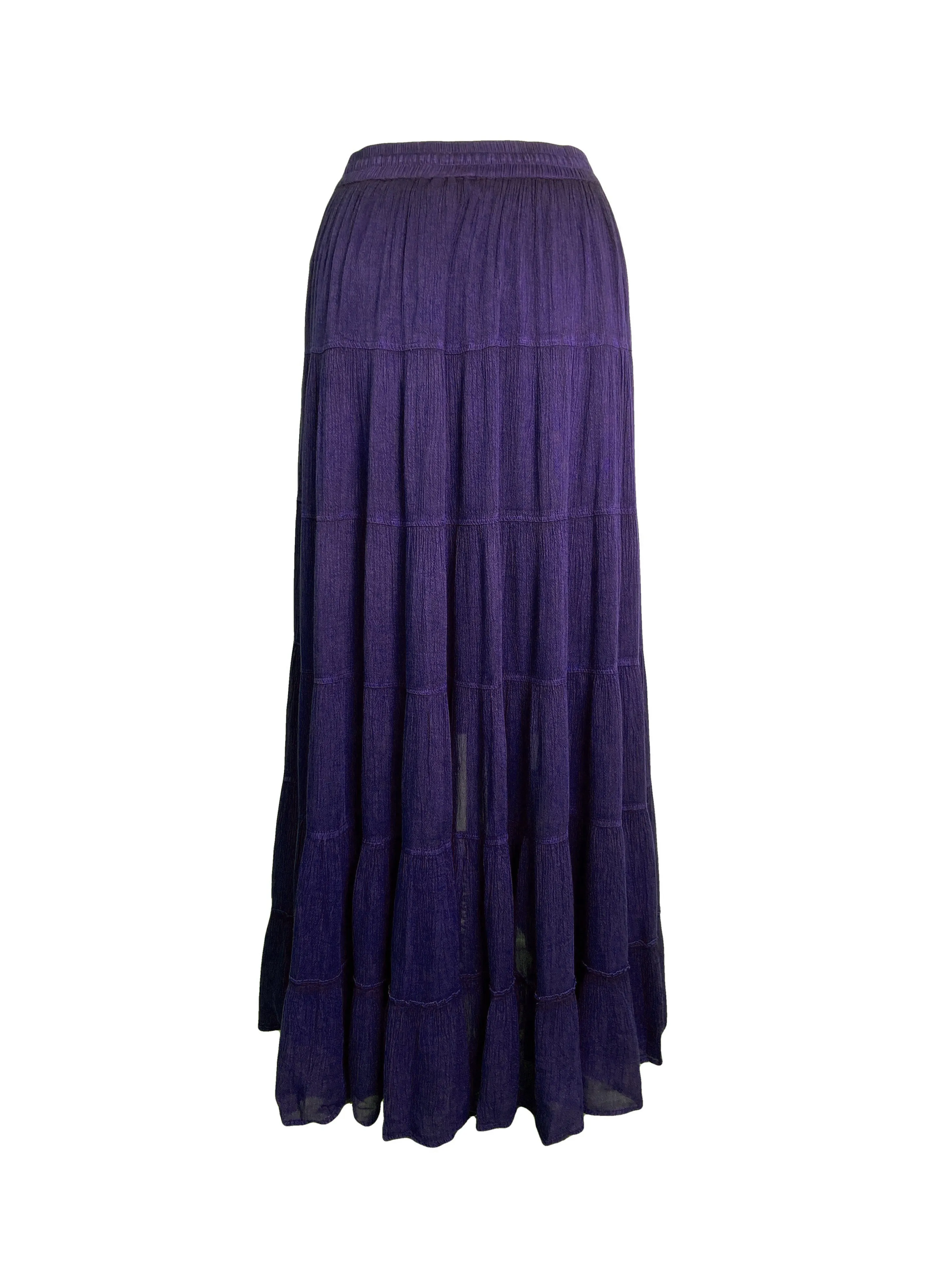 18 6028 SKT Boho Medieval Crepe Tier Elastic Waistband Front Open Long Skirt Maxi
