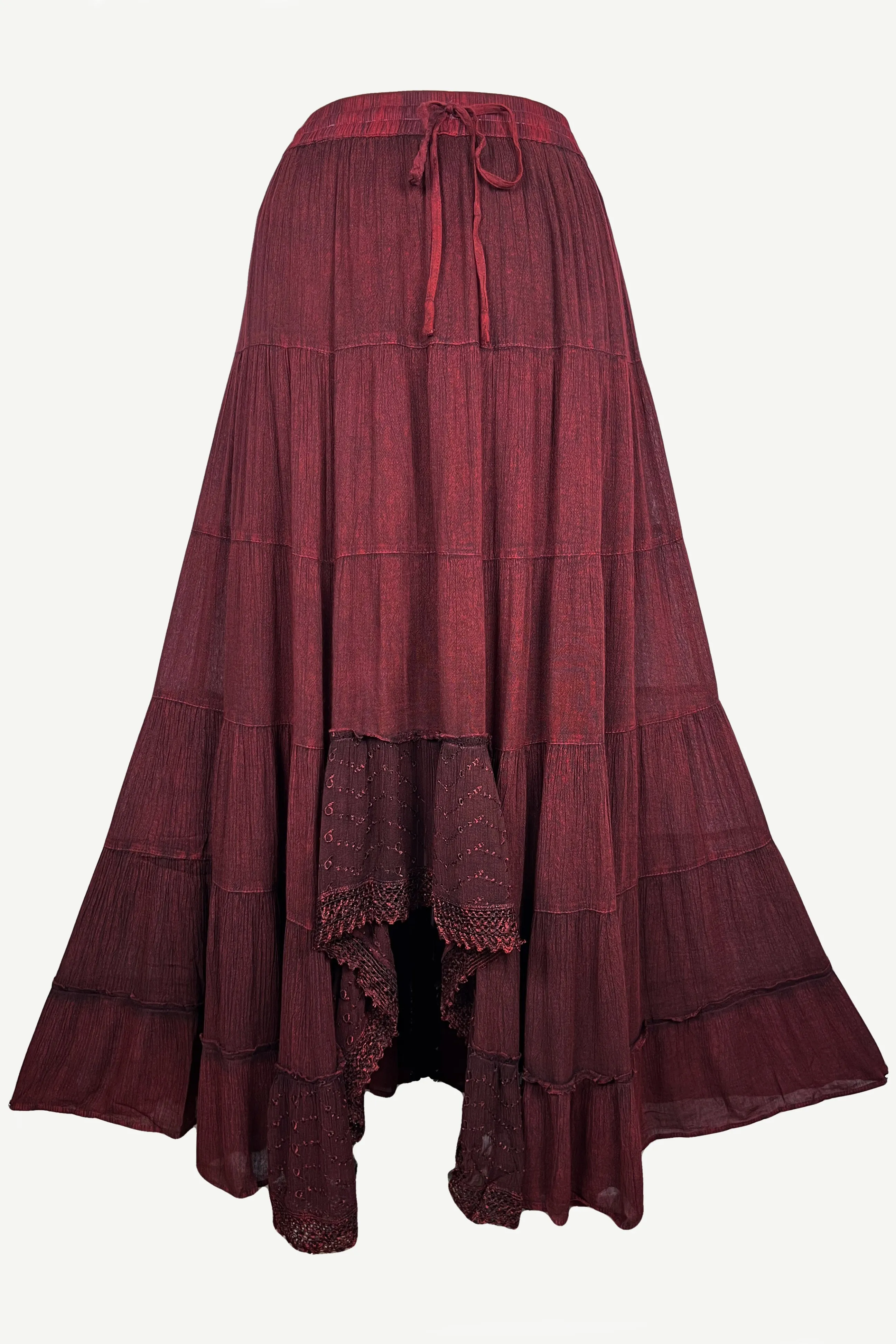 18 6028 SKT Boho Medieval Crepe Tier Elastic Waistband Front Open Long Skirt Maxi