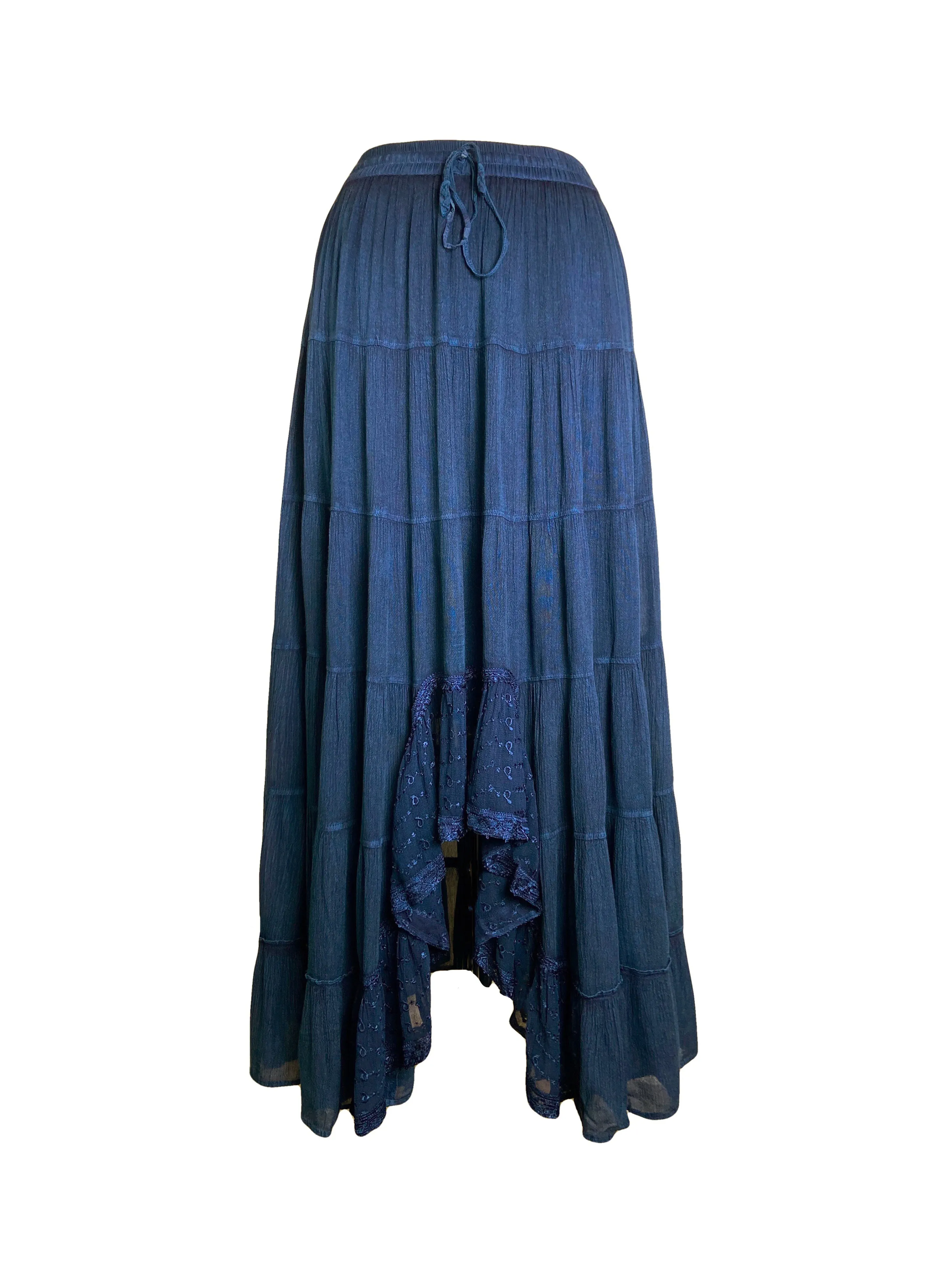 18 6028 SKT Boho Medieval Crepe Tier Elastic Waistband Front Open Long Skirt Maxi