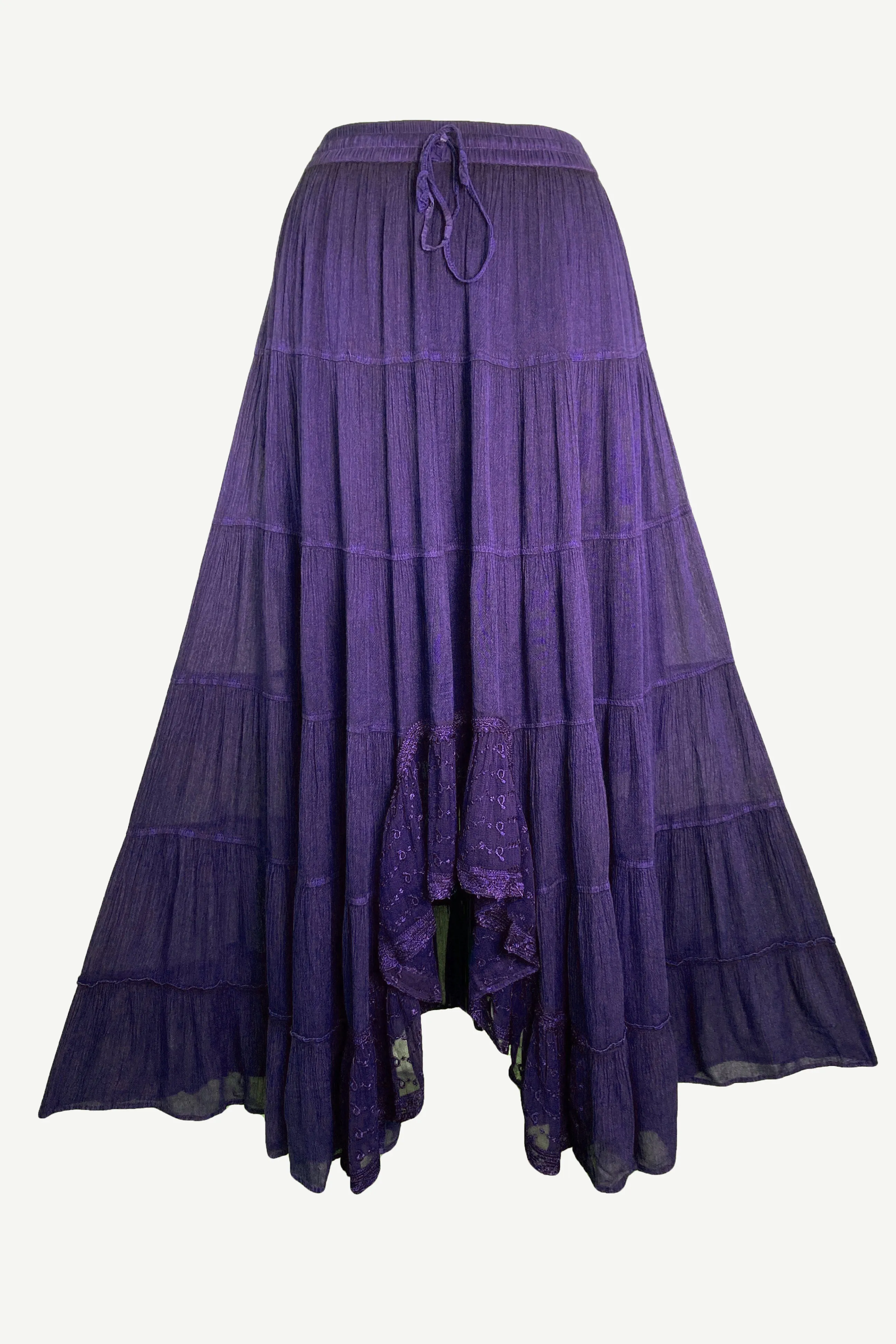 18 6028 SKT Boho Medieval Crepe Tier Elastic Waistband Front Open Long Skirt Maxi