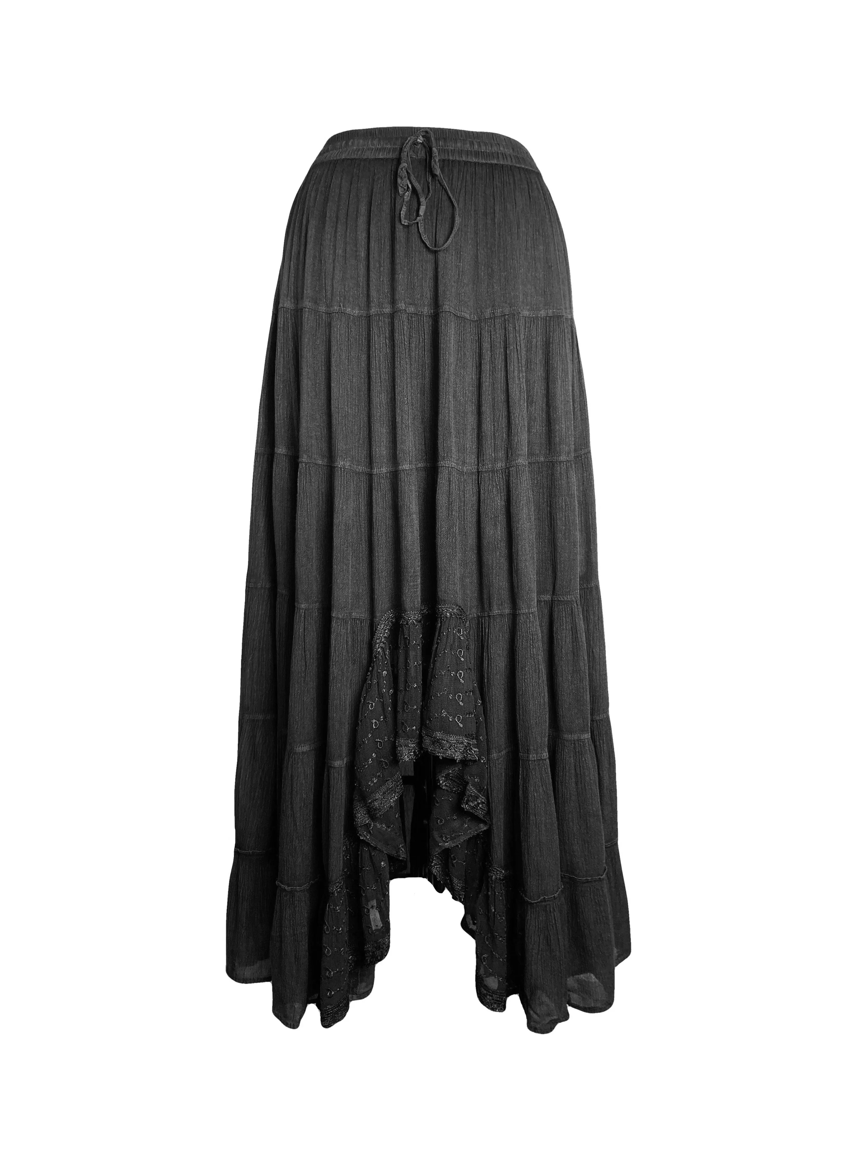 18 6028 SKT Boho Medieval Crepe Tier Elastic Waistband Front Open Long Skirt Maxi