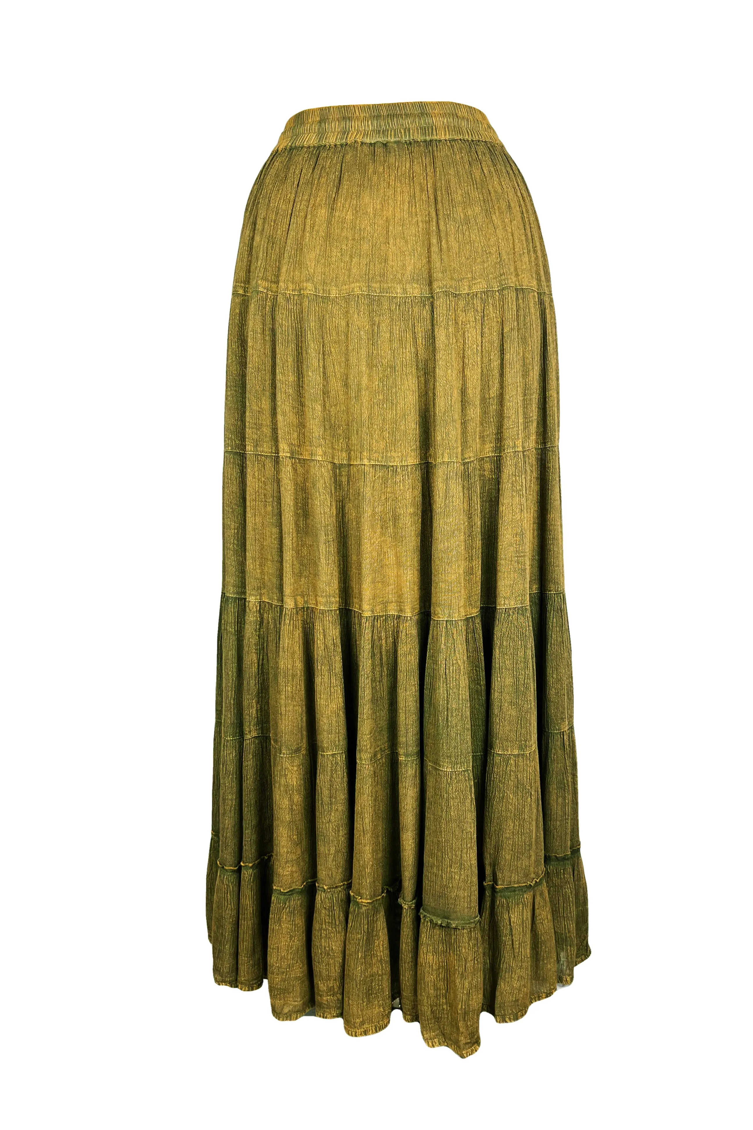 18 6028 SKT Boho Medieval Crepe Tier Elastic Waistband Front Open Long Skirt Maxi