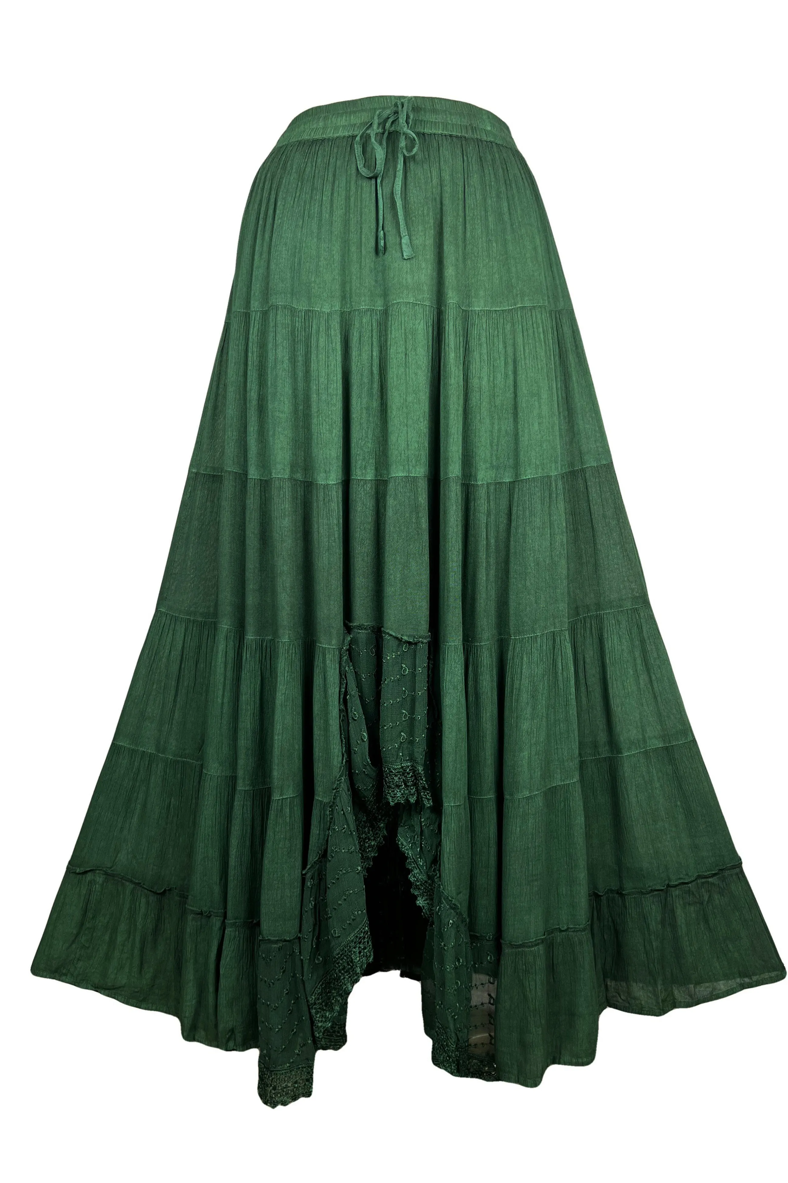 18 6028 SKT Boho Medieval Crepe Tier Elastic Waistband Front Open Long Skirt Maxi