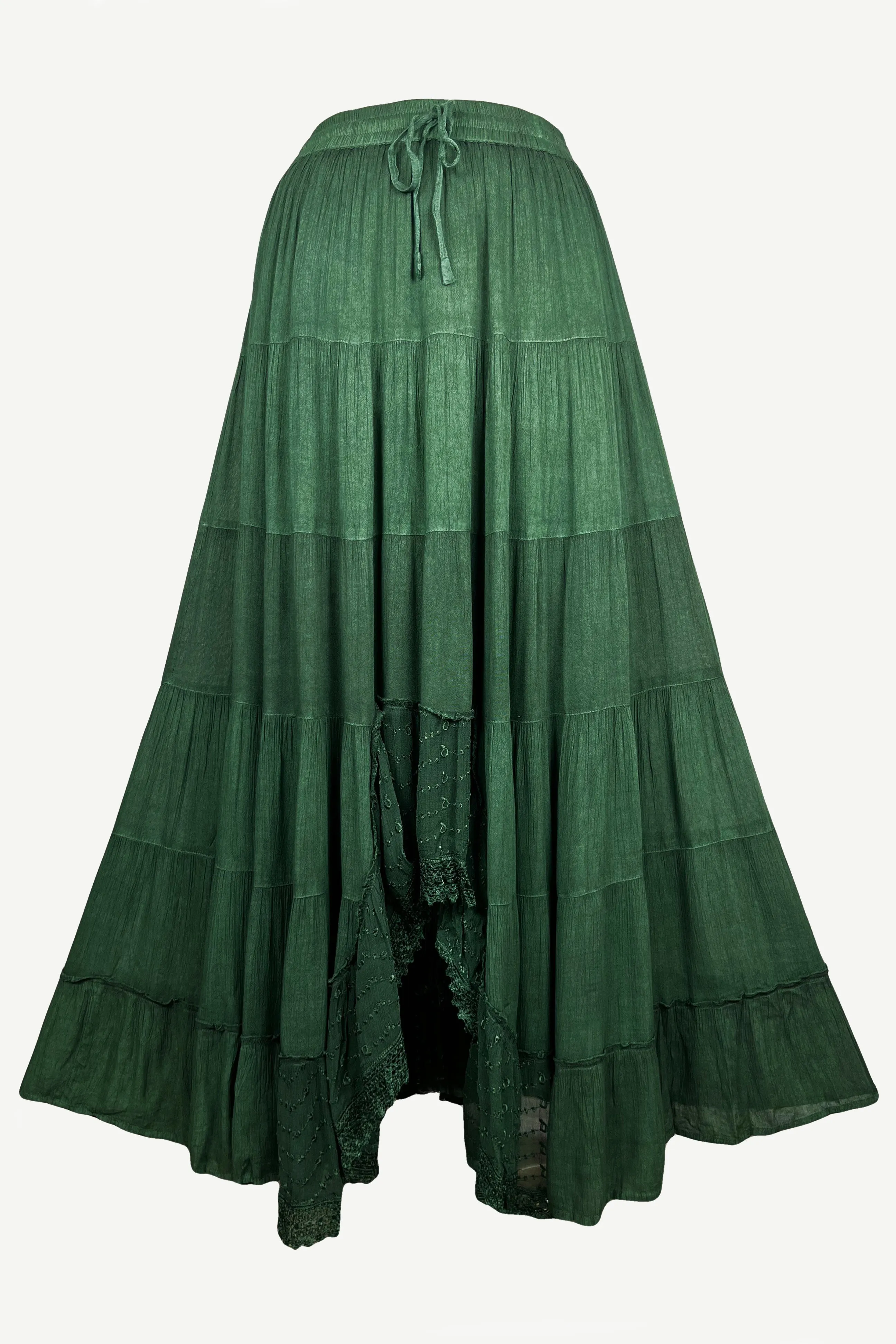 18 6028 SKT Boho Medieval Crepe Tier Elastic Waistband Front Open Long Skirt Maxi
