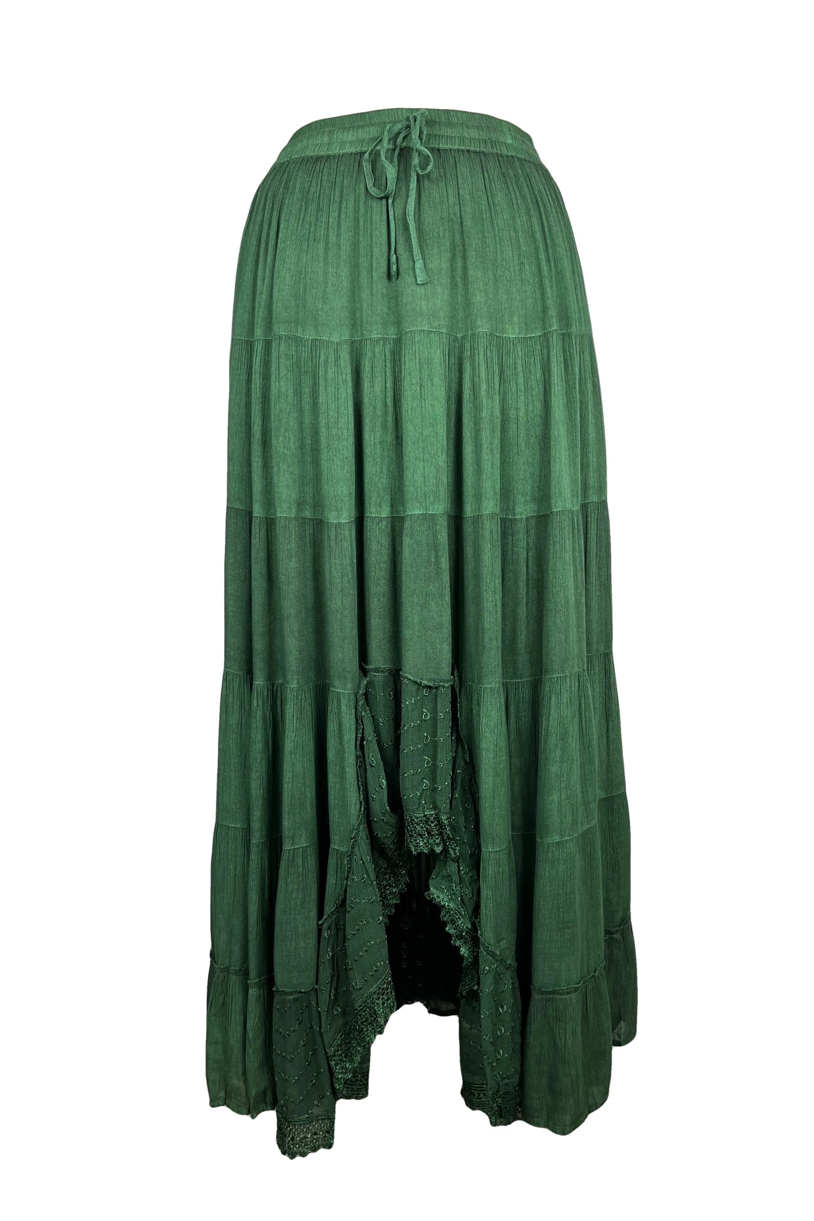 18 6028 SKT Boho Medieval Crepe Tier Elastic Waistband Front Open Long Skirt Maxi