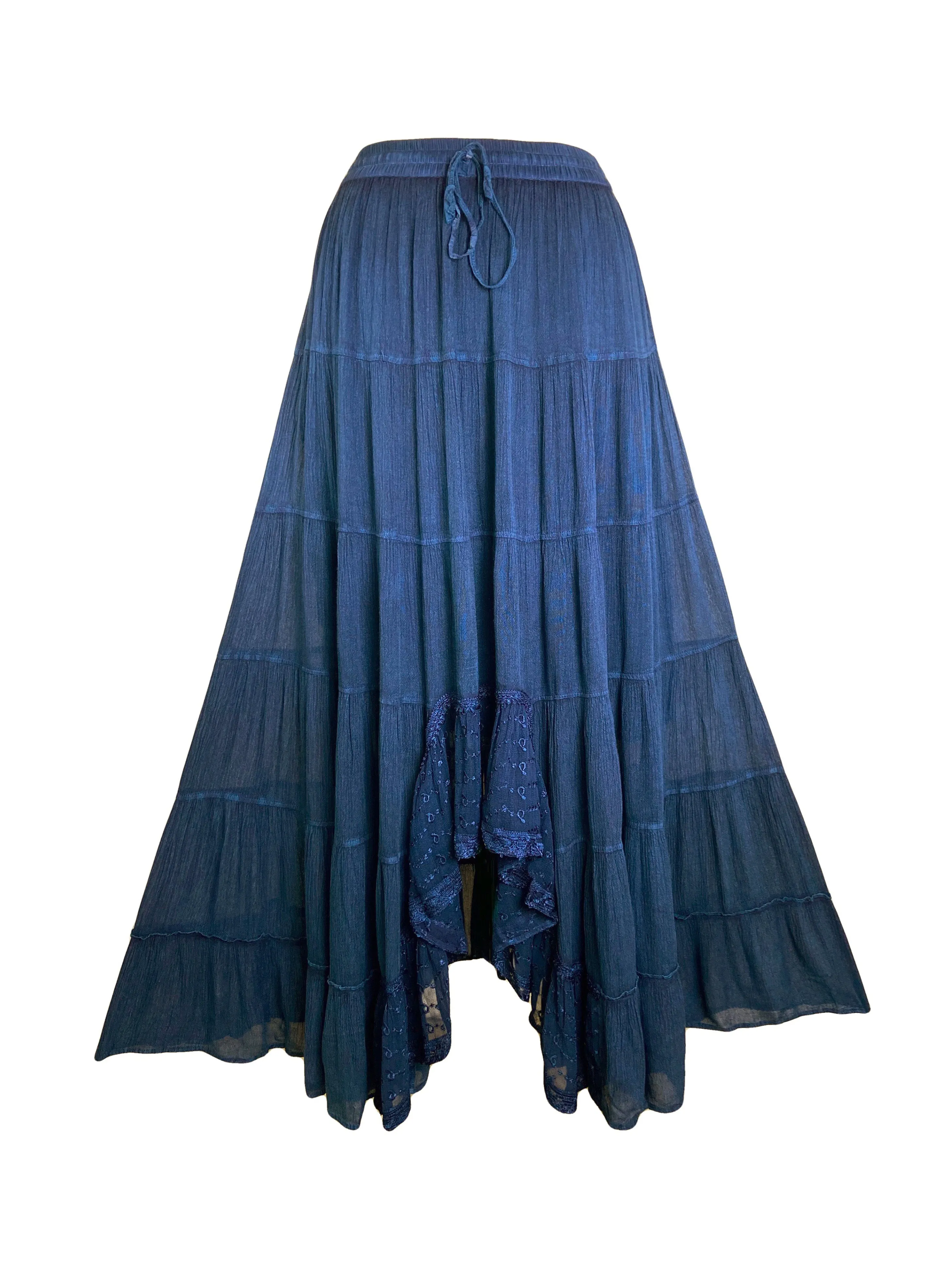 18 6028 SKT Boho Medieval Crepe Tier Elastic Waistband Front Open Long Skirt Maxi