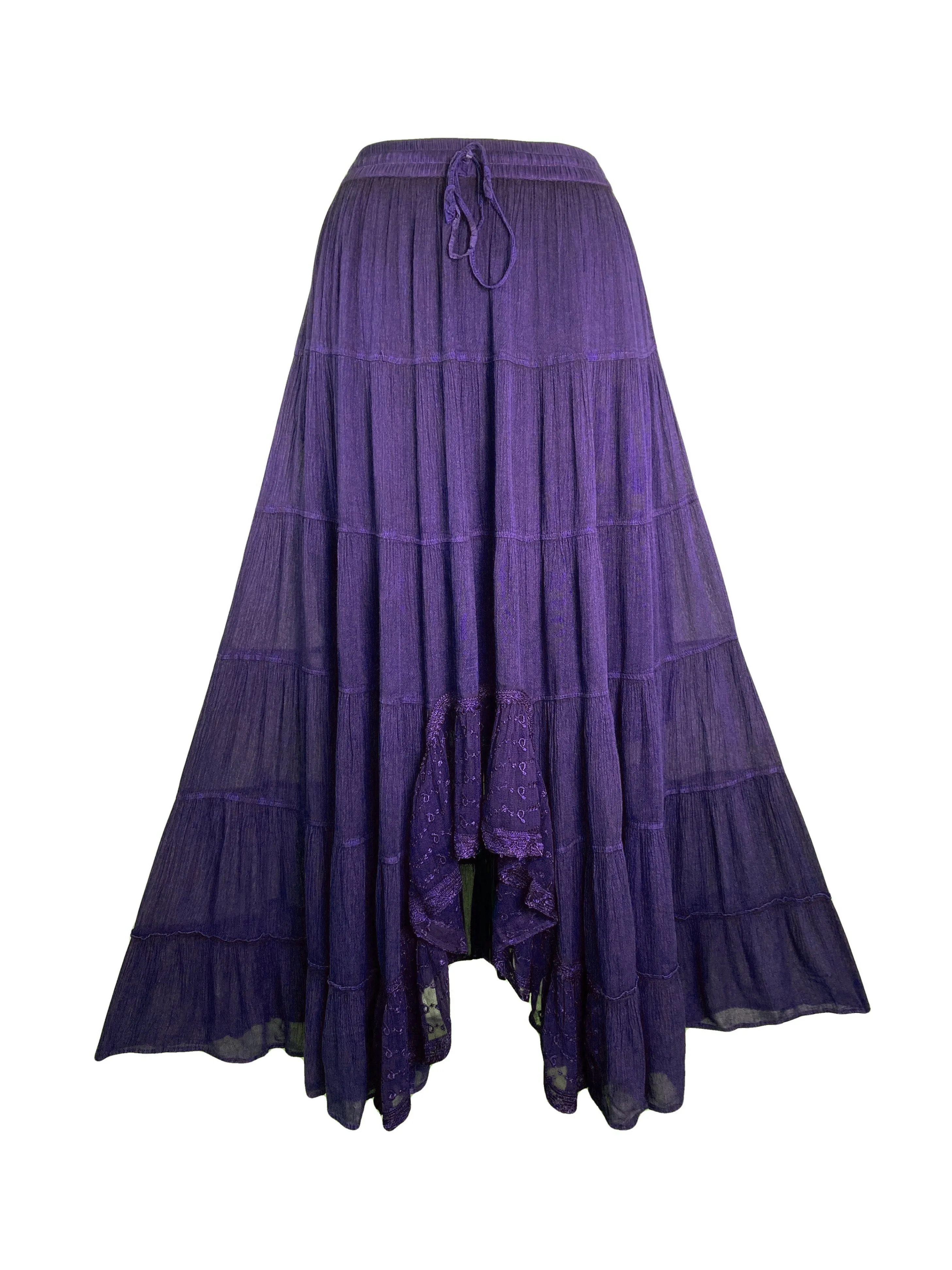 18 6028 SKT Boho Medieval Crepe Tier Elastic Waistband Front Open Long Skirt Maxi