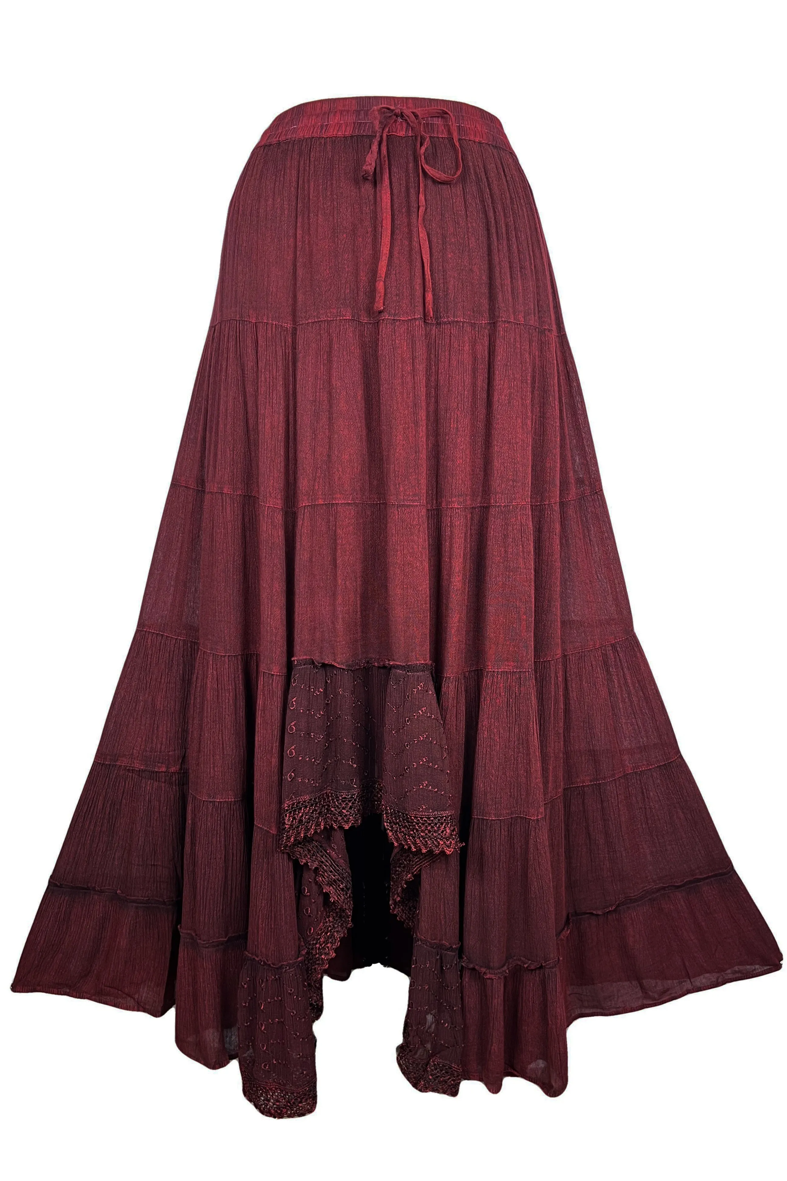 18 6028 SKT Boho Medieval Crepe Tier Elastic Waistband Front Open Long Skirt Maxi