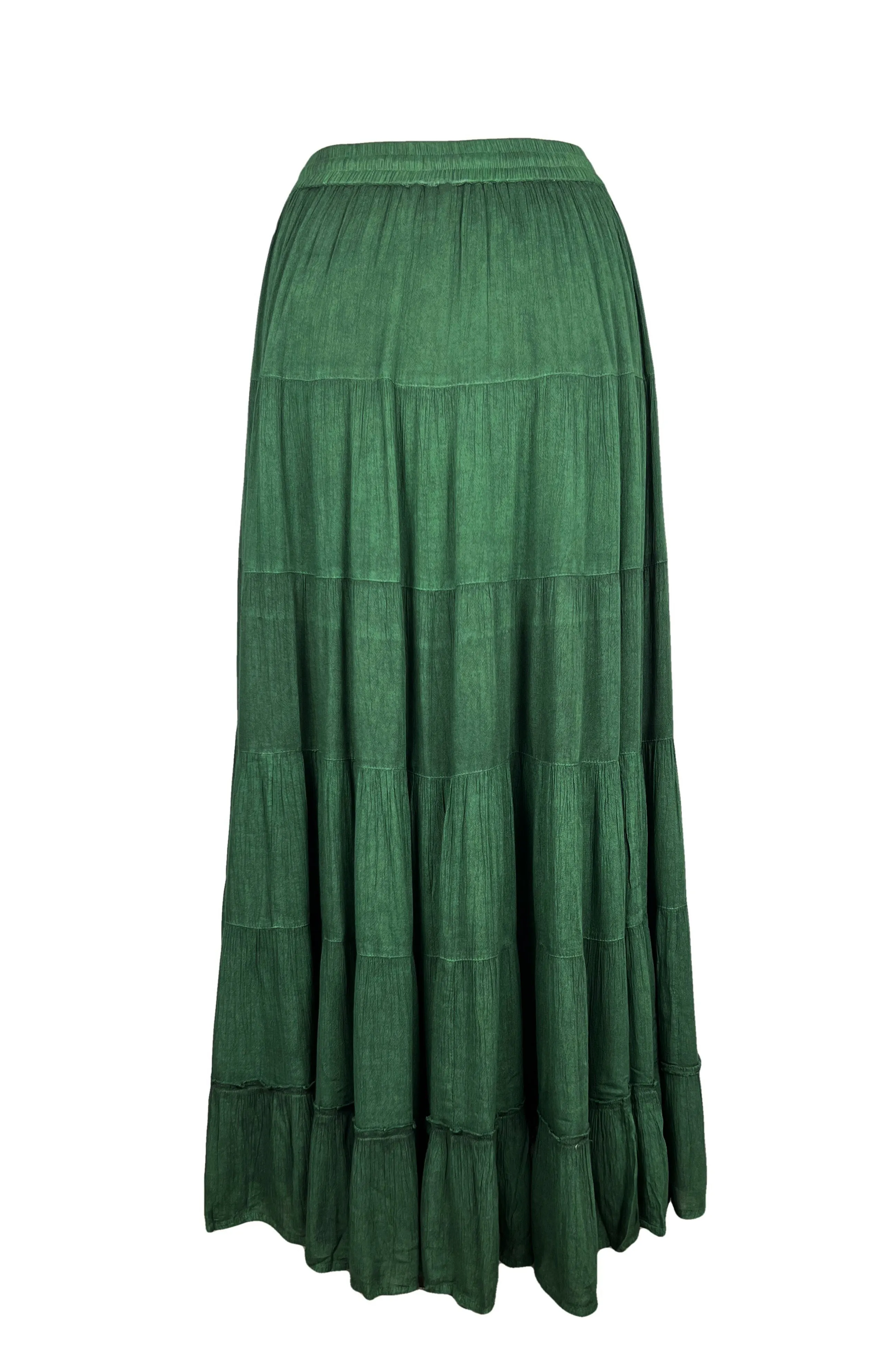 18 6028 SKT Boho Medieval Crepe Tier Elastic Waistband Front Open Long Skirt Maxi