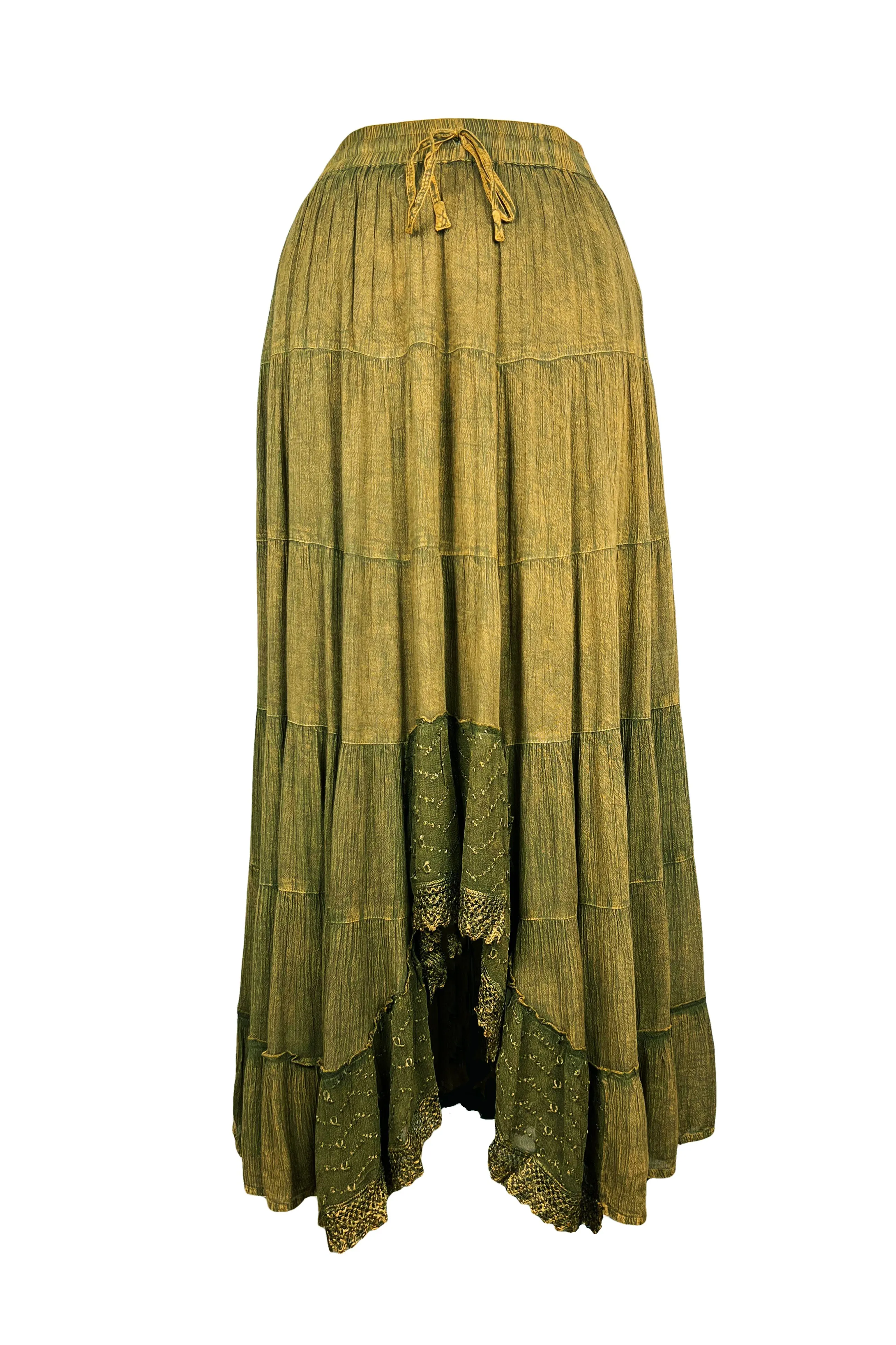18 6028 SKT Boho Medieval Crepe Tier Elastic Waistband Front Open Long Skirt Maxi