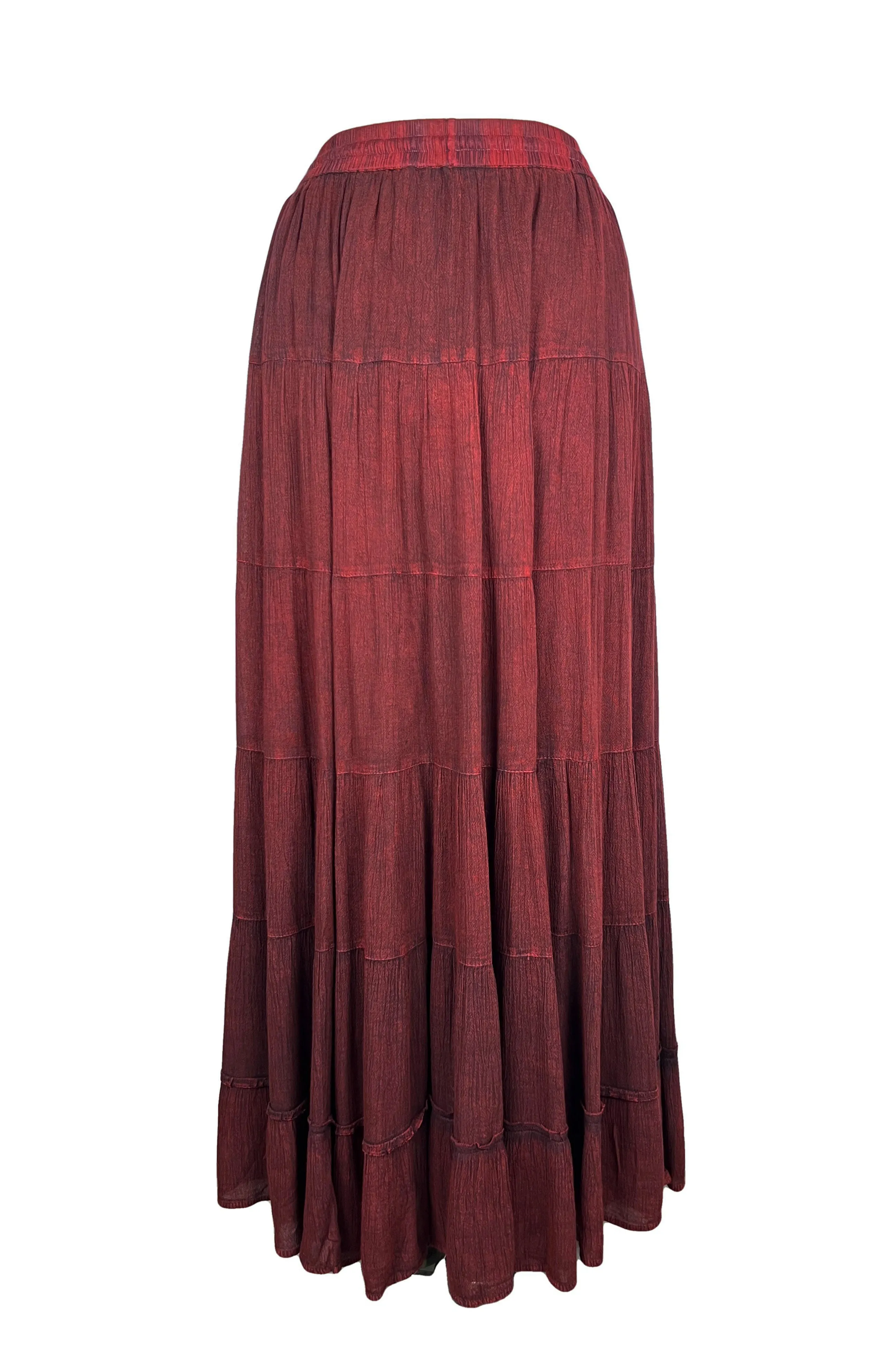 18 6028 SKT Boho Medieval Crepe Tier Elastic Waistband Front Open Long Skirt Maxi