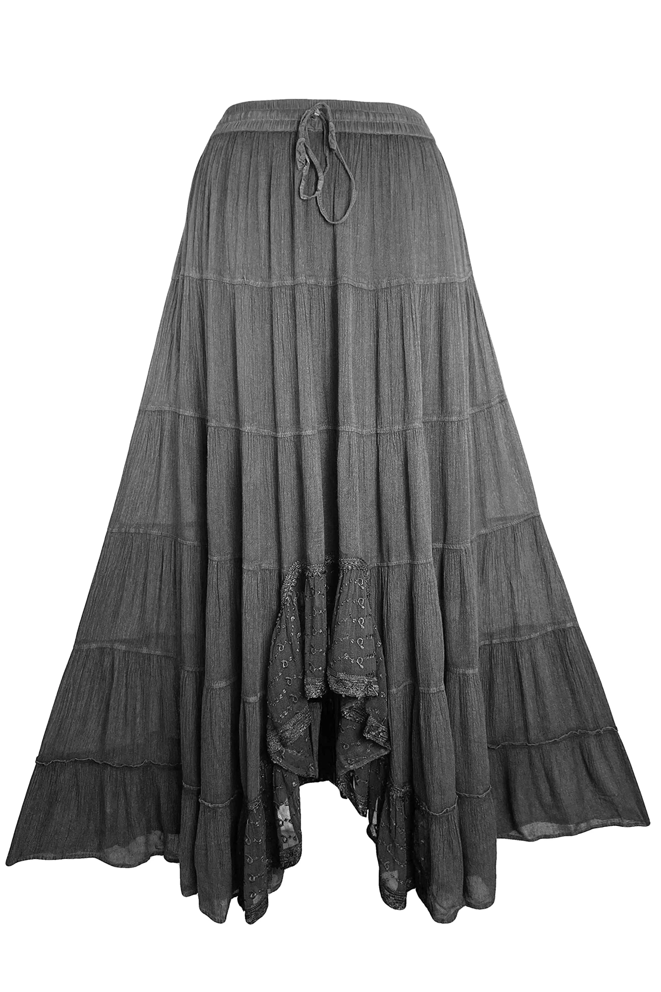 18 6028 SKT Boho Medieval Crepe Tier Elastic Waistband Front Open Long Skirt Maxi