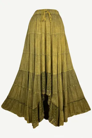 18 6028 SKT Boho Medieval Crepe Tier Elastic Waistband Front Open Long Skirt Maxi