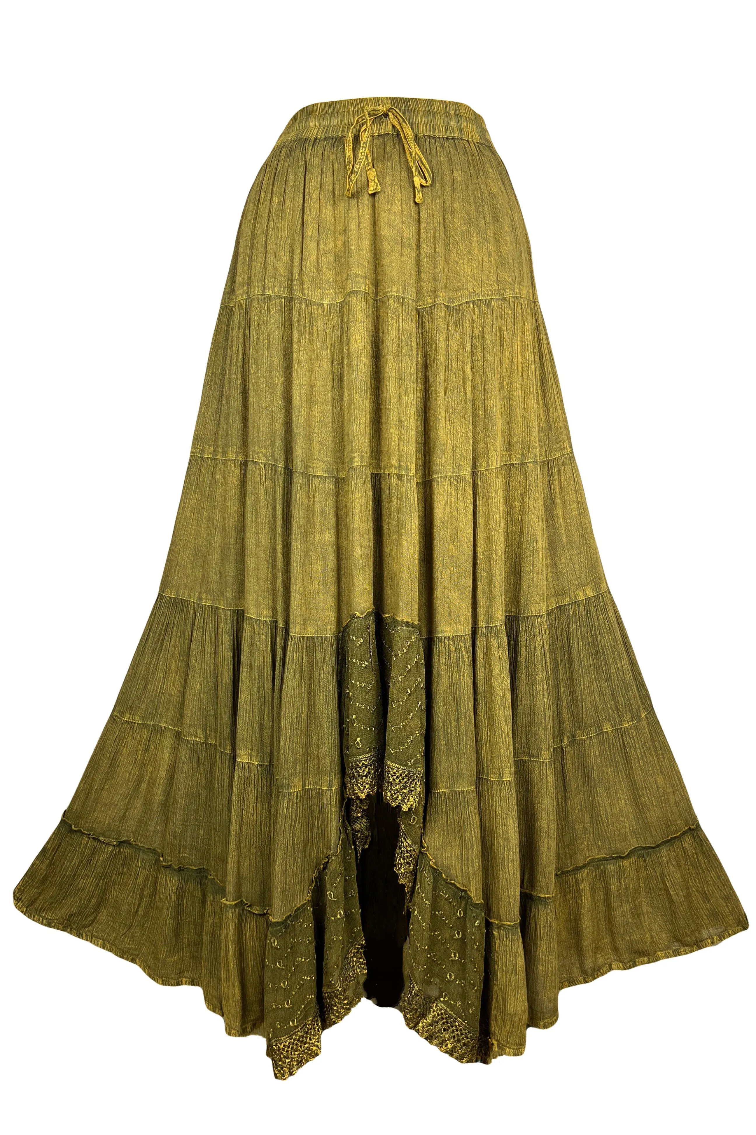 18 6028 SKT Boho Medieval Crepe Tier Elastic Waistband Front Open Long Skirt Maxi