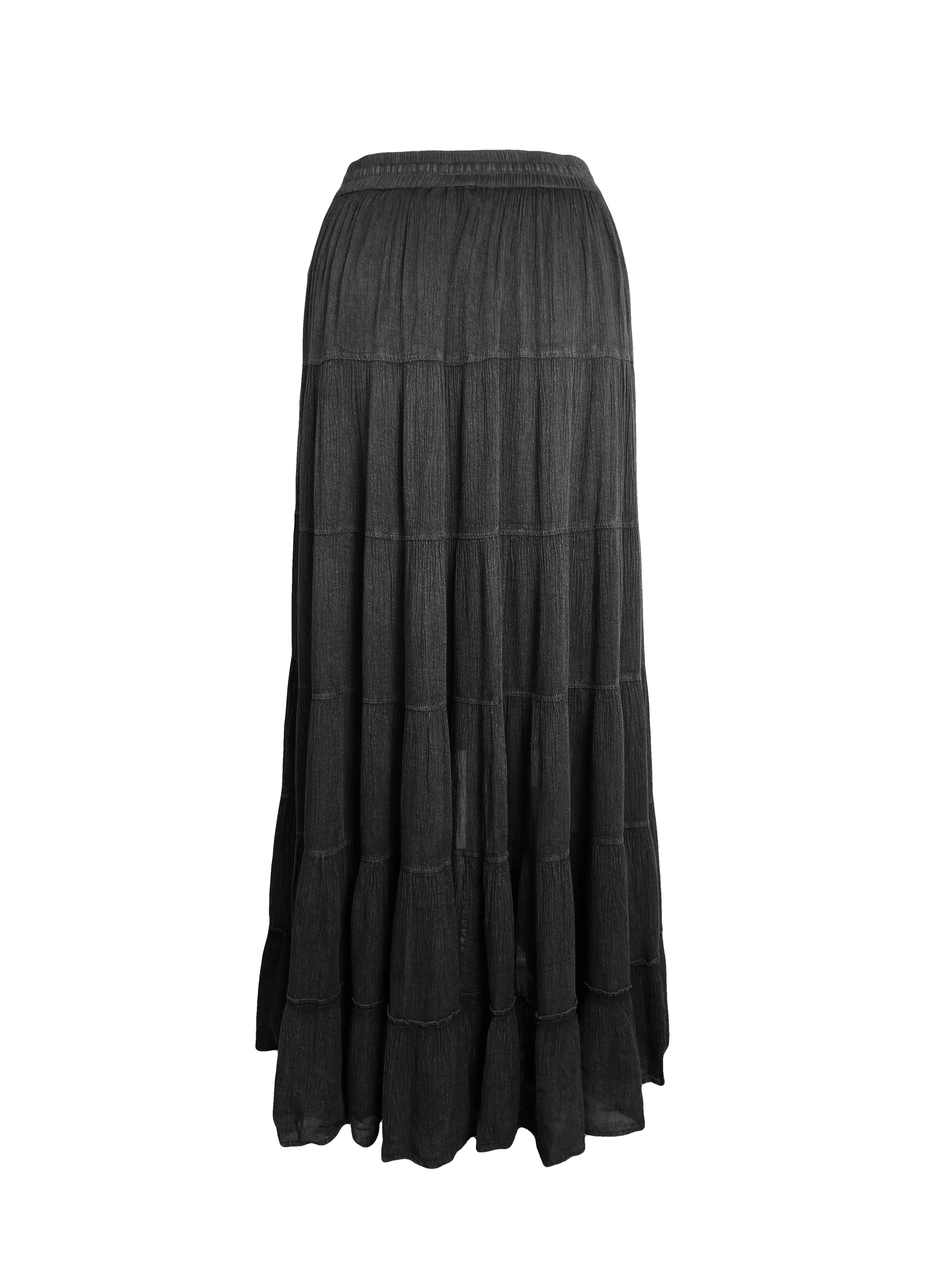 18 6028 SKT Boho Medieval Crepe Tier Elastic Waistband Front Open Long Skirt Maxi