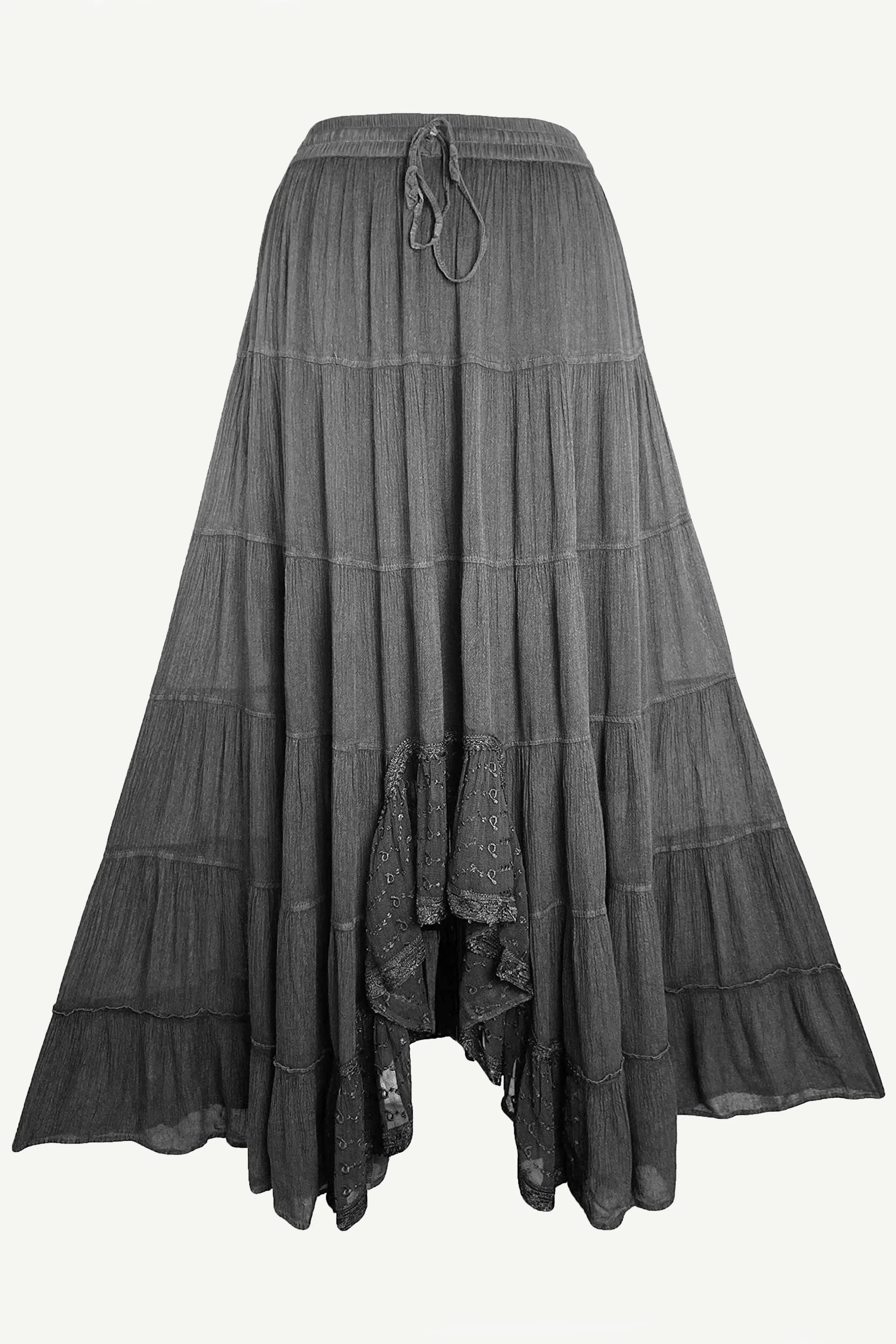 18 6028 SKT Boho Medieval Crepe Tier Elastic Waistband Front Open Long Skirt Maxi