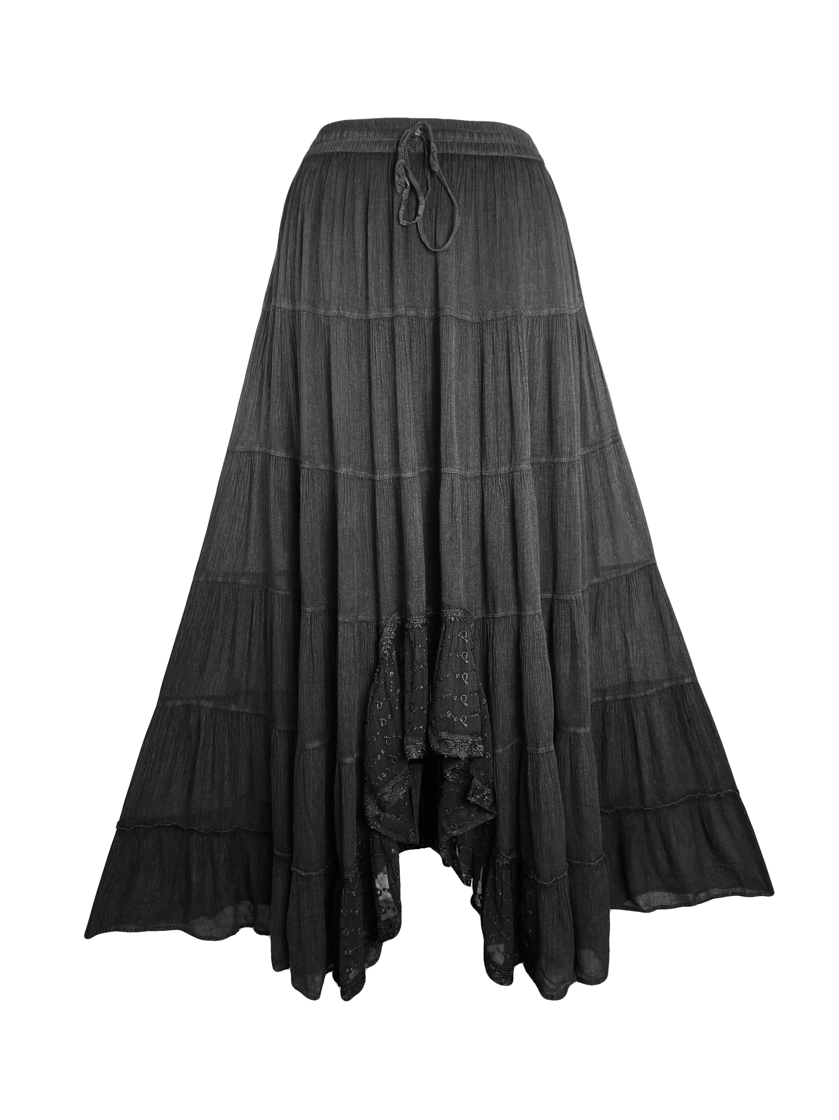 18 6028 SKT Boho Medieval Crepe Tier Elastic Waistband Front Open Long Skirt Maxi