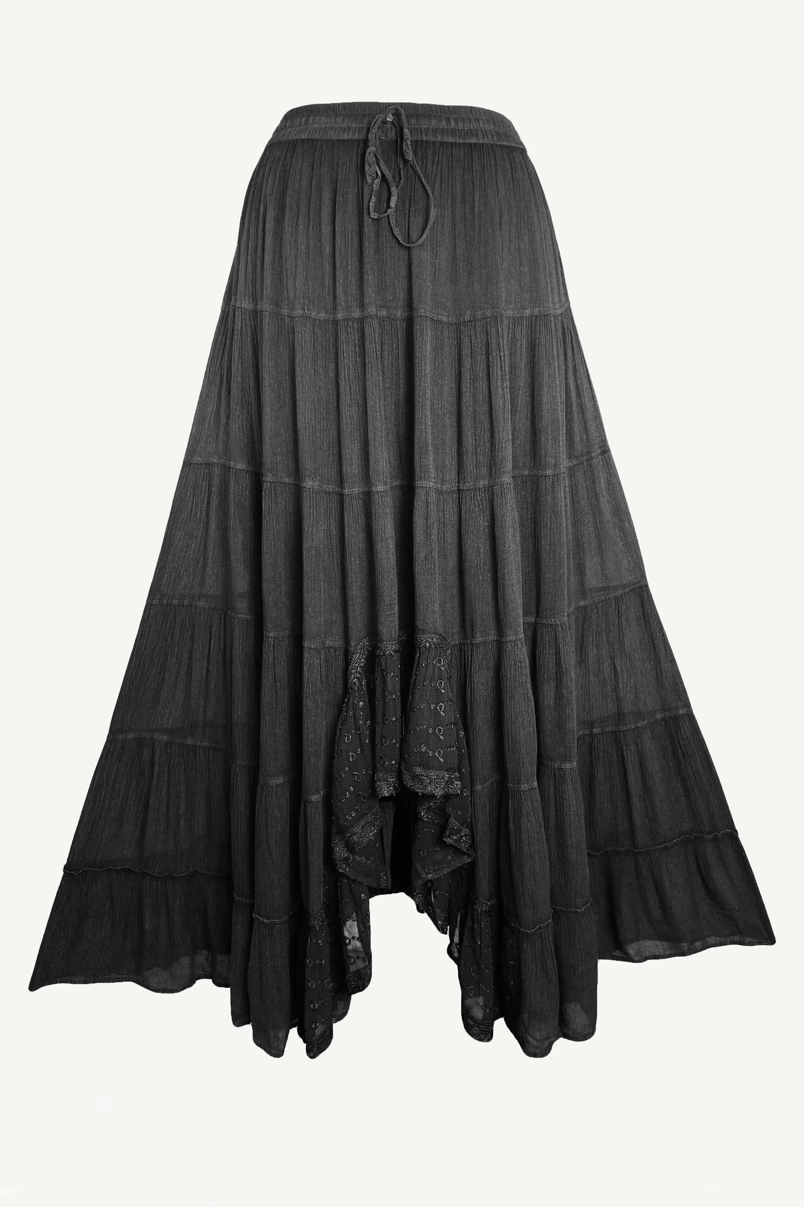 18 6028 SKT Boho Medieval Crepe Tier Elastic Waistband Front Open Long Skirt Maxi