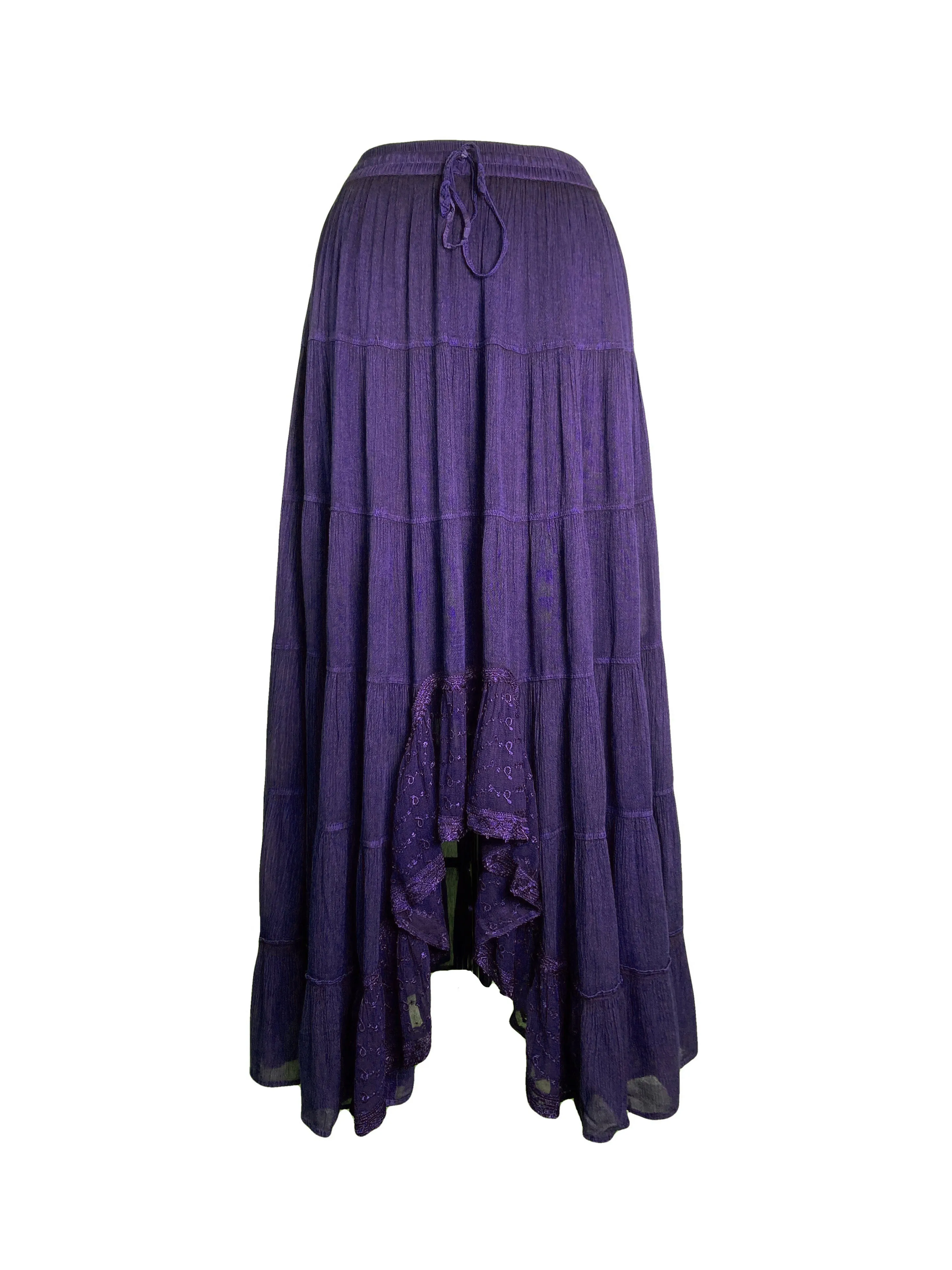 18 6028 SKT Boho Medieval Crepe Tier Elastic Waistband Front Open Long Skirt Maxi