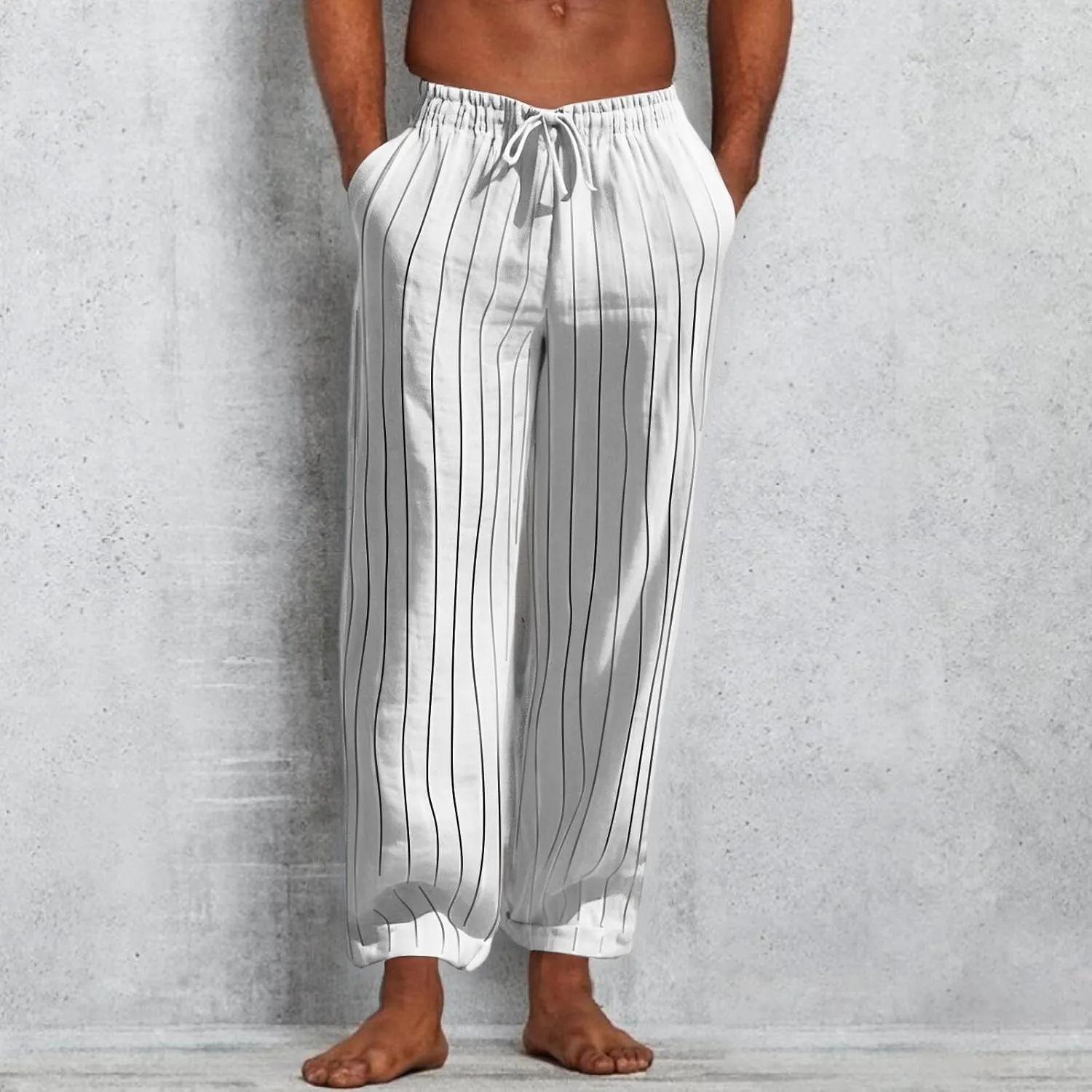 2025 Men's Linen Striped Pants Stretch Waist Comfortable Breathable Straight Pants