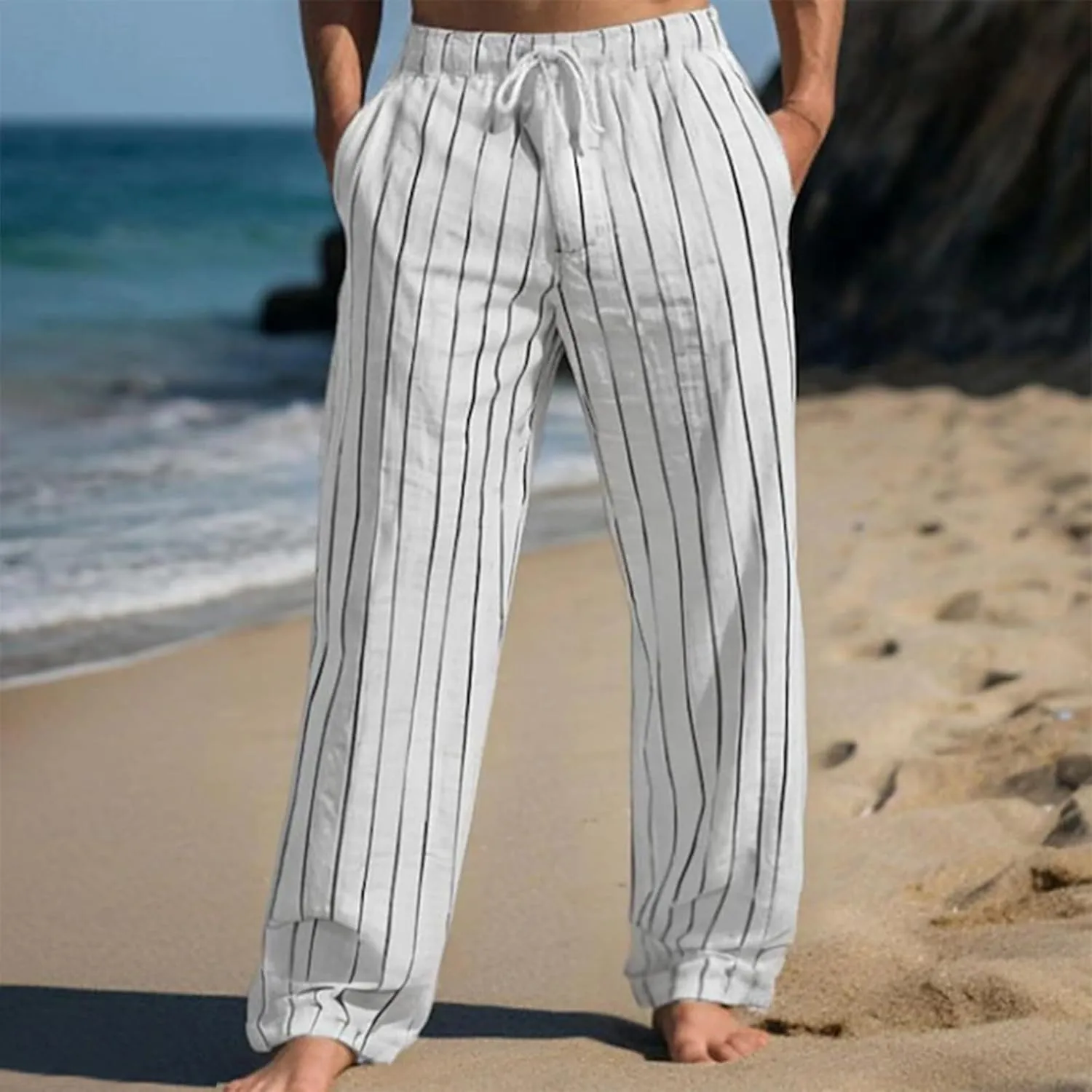 2025 Men's Linen Striped Pants Stretch Waist Comfortable Breathable Straight Pants
