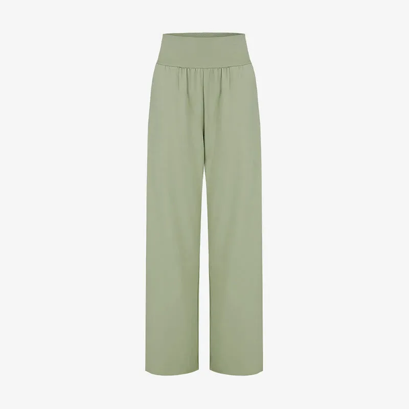 Buddha Stones Casual Loose Tie-down Hem Plain High Waist Women's Leica Pants With Pockets
