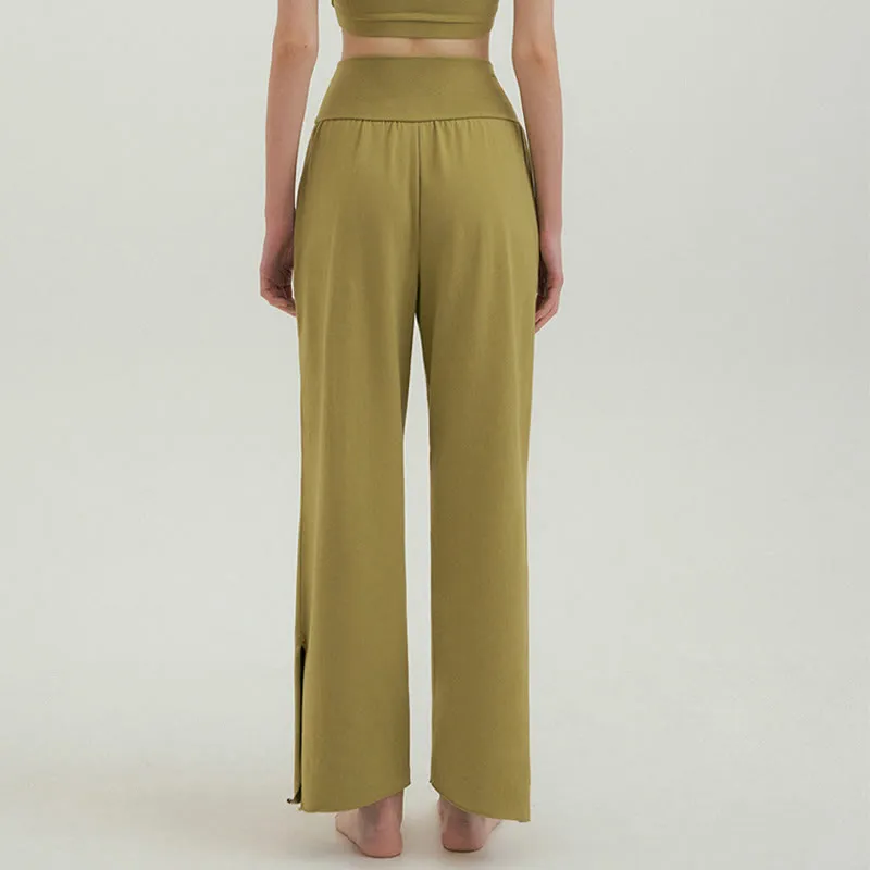 Buddha Stones Casual Loose Tie-down Hem Plain High Waist Women's Leica Pants With Pockets