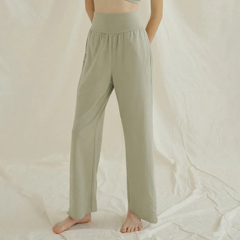 Buddha Stones Casual Loose Tie-down Hem Plain High Waist Women's Leica Pants With Pockets