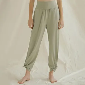 Buddha Stones Casual Loose Tie-down Hem Plain High Waist Women's Leica Pants With Pockets
