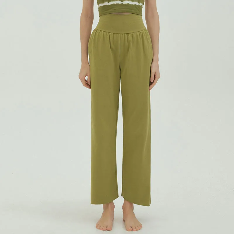 Buddha Stones Casual Loose Tie-down Hem Plain High Waist Women's Leica Pants With Pockets