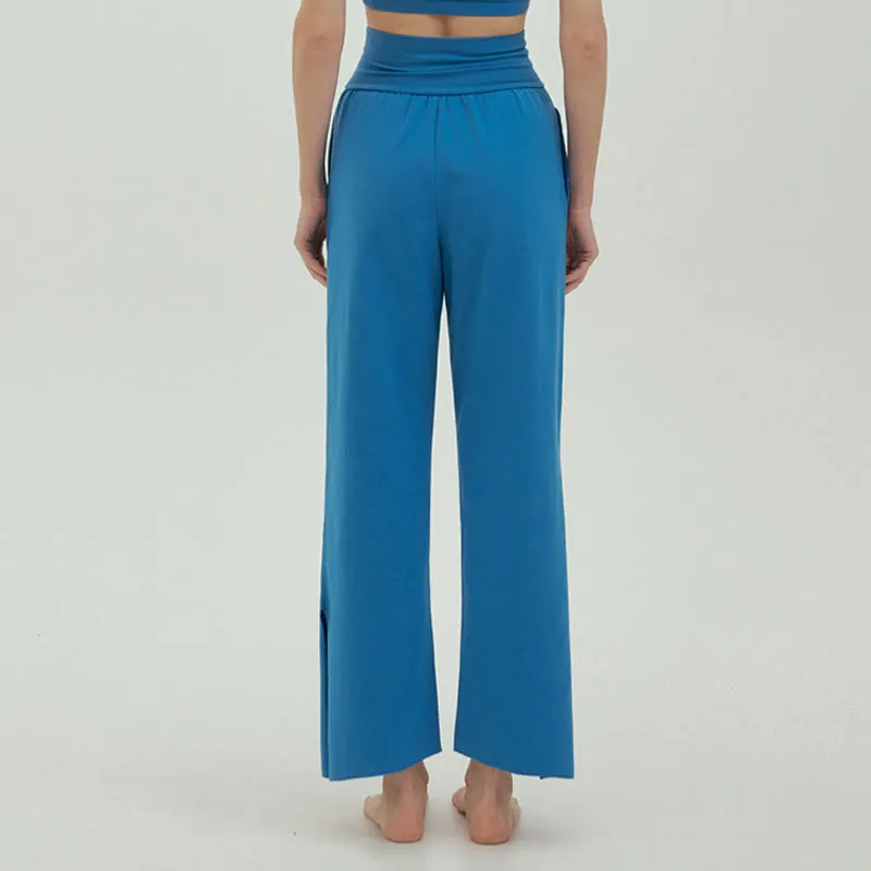 Buddha Stones Casual Loose Tie-down Hem Plain High Waist Women's Leica Pants With Pockets