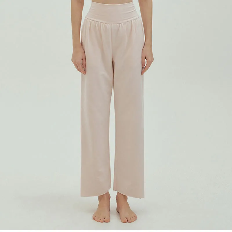 Buddha Stones Casual Loose Tie-down Hem Plain High Waist Women's Leica Pants With Pockets