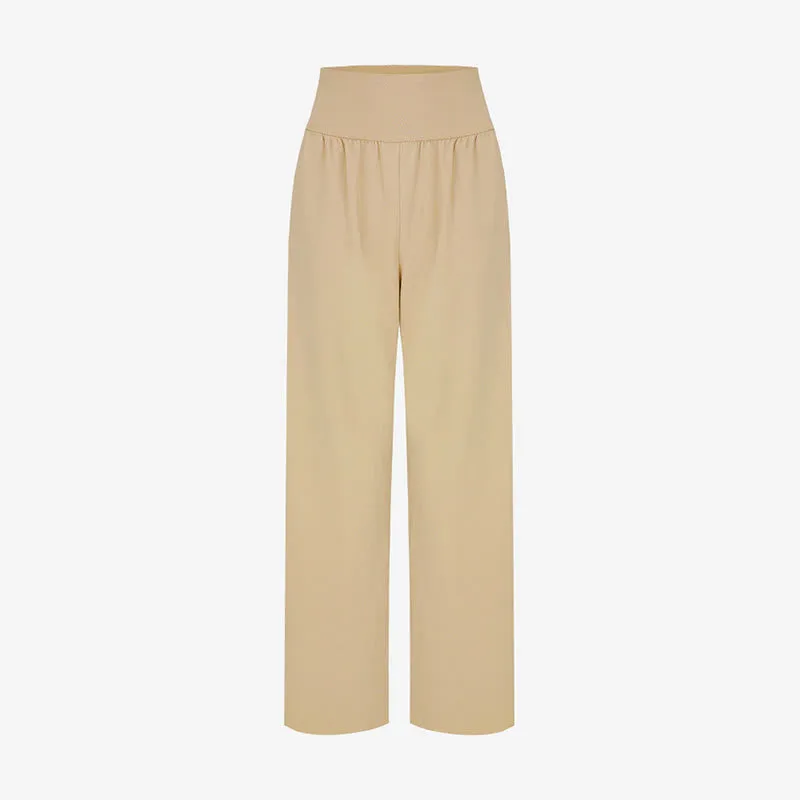Buddha Stones Casual Loose Tie-down Hem Plain High Waist Women's Leica Pants With Pockets