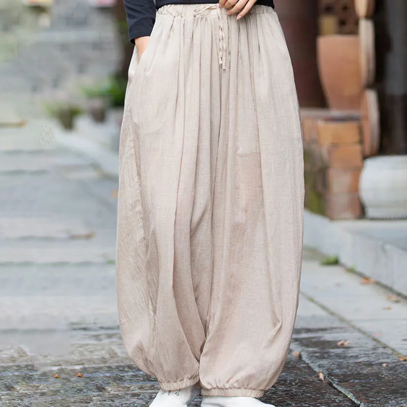 Buddha Stones Summer Plain Color Linen Drawstring Pants With Pockets