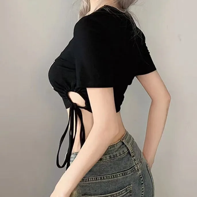 Chain V-Neck Drawstring Short Sleeve Crop T-Shirt