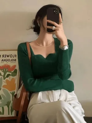 Chic Women’s Slim Fit Knitted Pullovers – Vintage Solid Sweaters with Square Collar