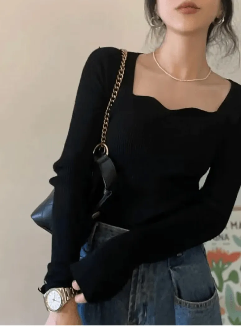 Chic Women’s Slim Fit Knitted Pullovers – Vintage Solid Sweaters with Square Collar