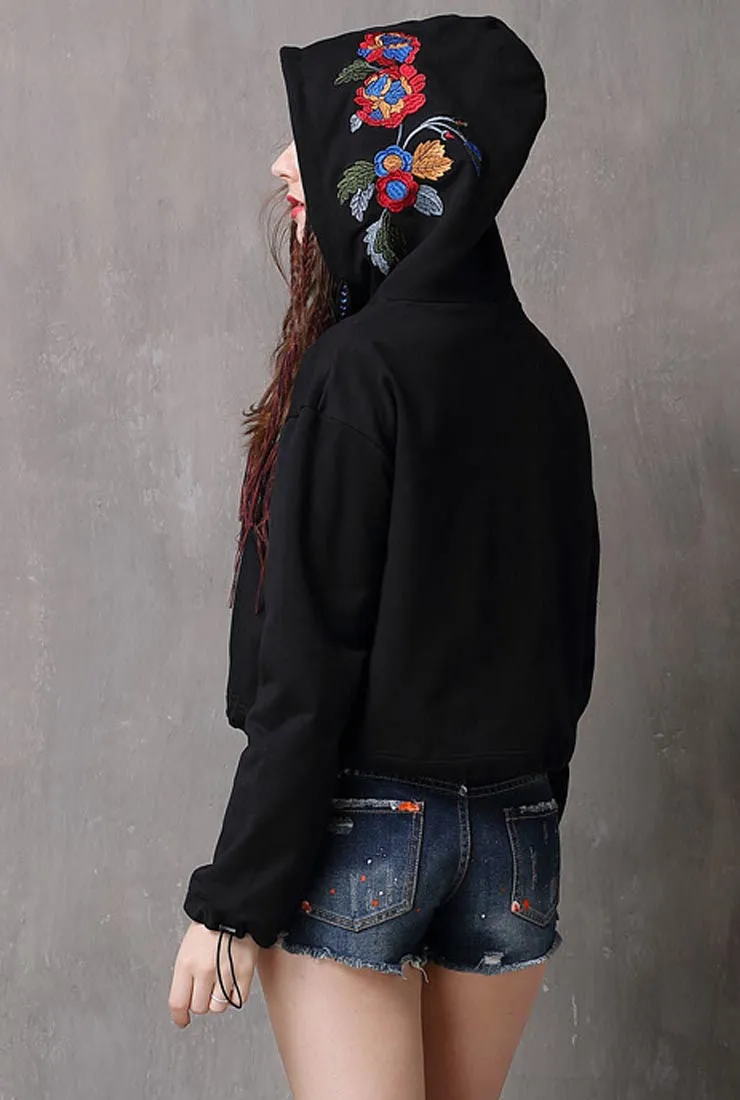 Drawstring Loose Shape Floral Embroidered Hoodie