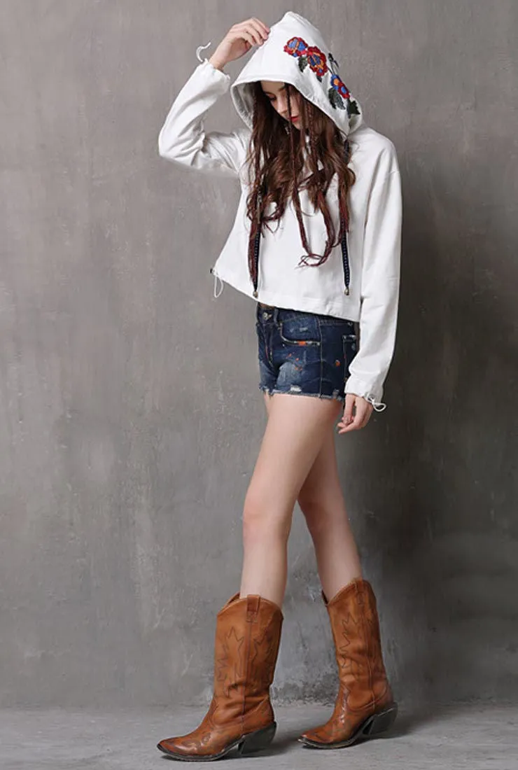Drawstring Loose Shape Floral Embroidered Hoodie