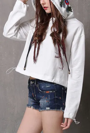 Drawstring Loose Shape Floral Embroidered Hoodie