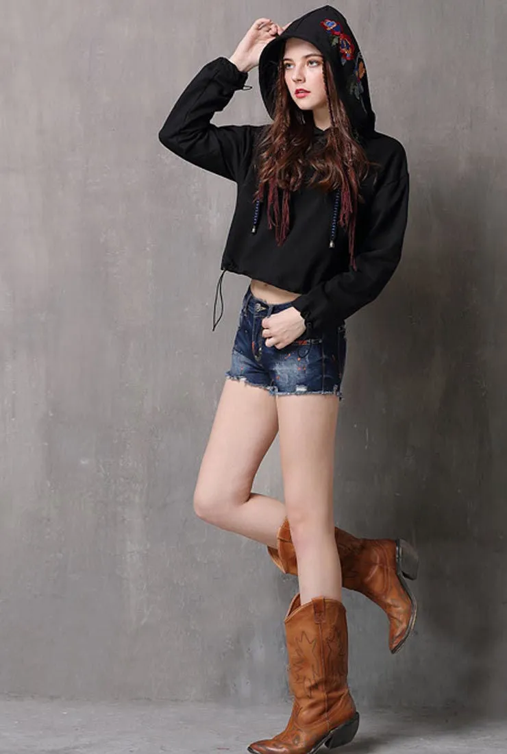 Drawstring Loose Shape Floral Embroidered Hoodie