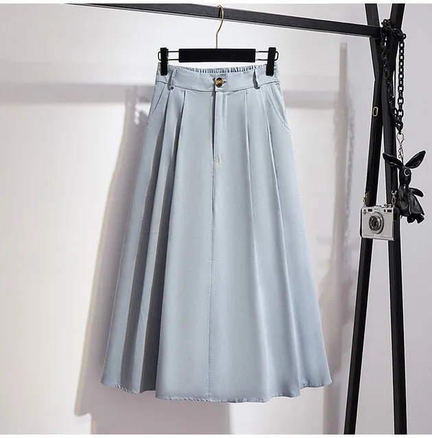 Elegant Solid Casual Pocket Elastic High-Waist A-Line Midi Skirt