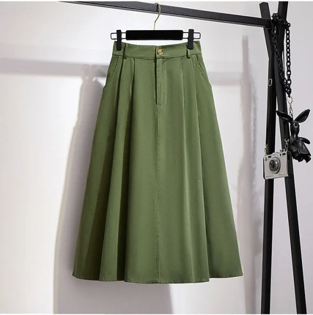 Elegant Solid Casual Pocket Elastic High-Waist A-Line Midi Skirt