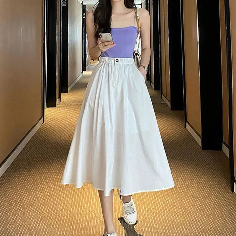 Elegant Solid Casual Pocket Elastic High-Waist A-Line Midi Skirt