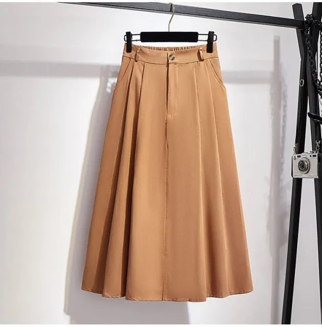 Elegant Solid Casual Pocket Elastic High-Waist A-Line Midi Skirt