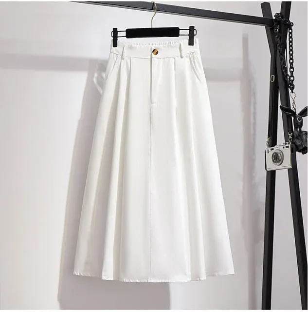 Elegant Solid Casual Pocket Elastic High-Waist A-Line Midi Skirt