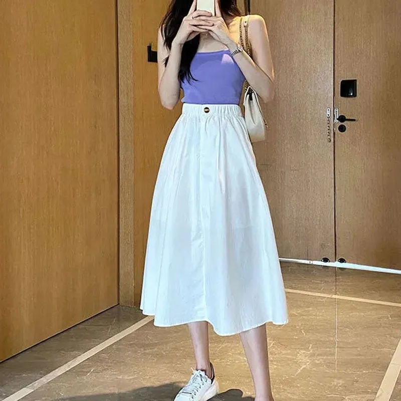Elegant Solid Casual Pocket Elastic High-Waist A-Line Midi Skirt