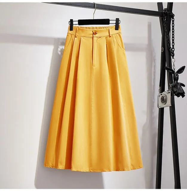 Elegant Solid Casual Pocket Elastic High-Waist A-Line Midi Skirt