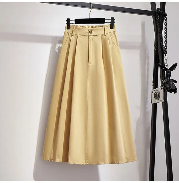 Elegant Solid Casual Pocket Elastic High-Waist A-Line Midi Skirt